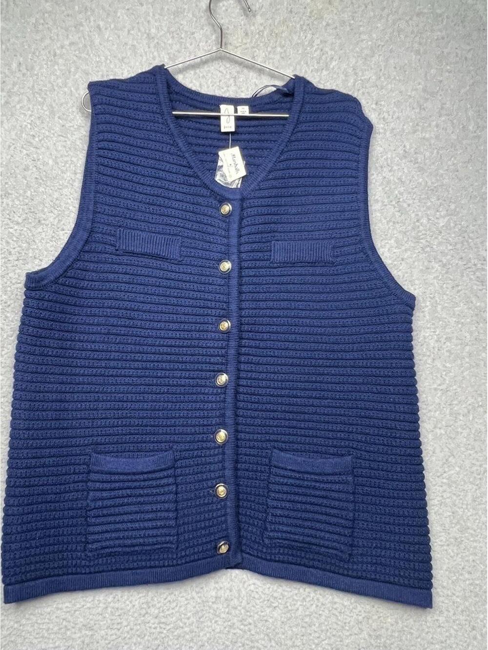 JOIE Textured Knit Button Front Vest Gold Buttons Plus 1X Preppy Navy Casual